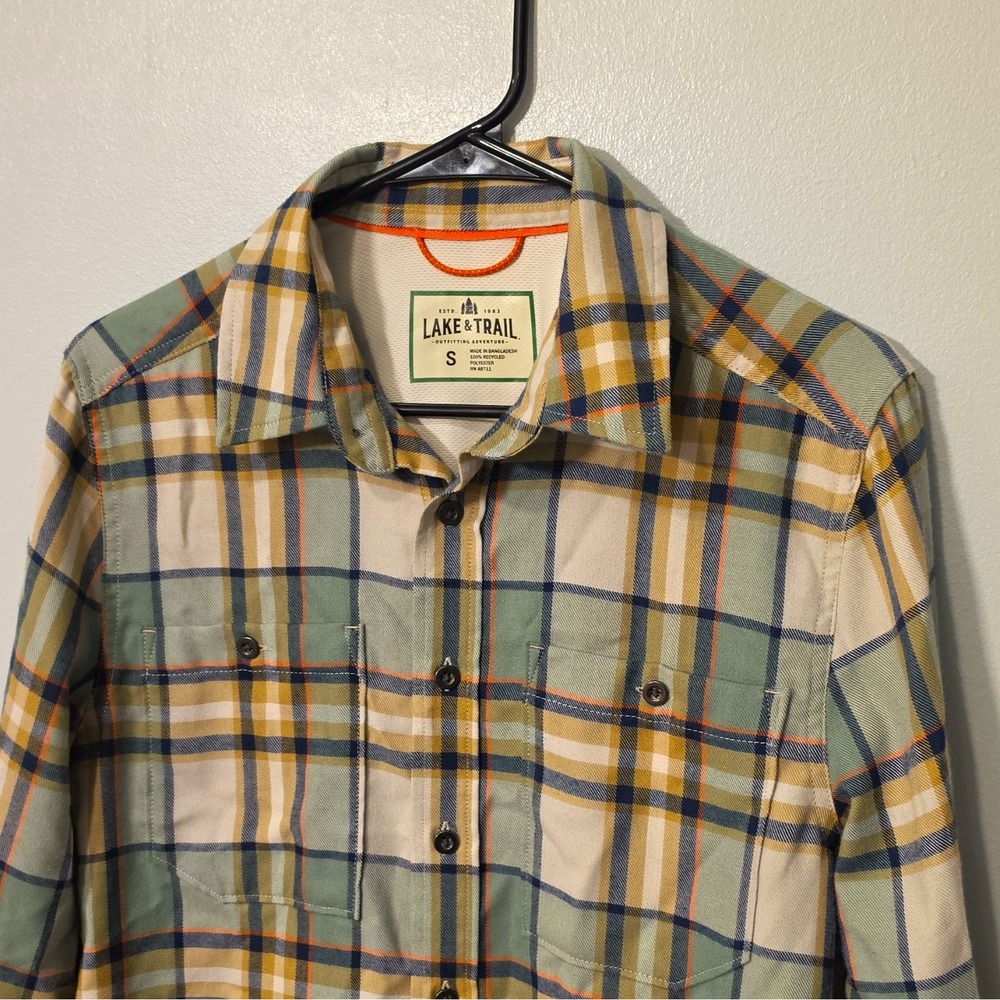 Lake & Trail Men's Plaid Twill LS Button-Up Pockets S Green/Beige/Blue #209